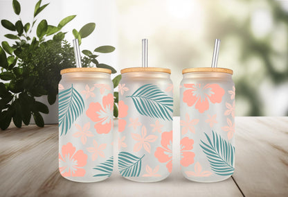 UVDTF Wrap Hibiscus Tropical Flower 16oz Can Glass Mug Tumbler, Ready to Apply, Permanent Waterproof Adhesive