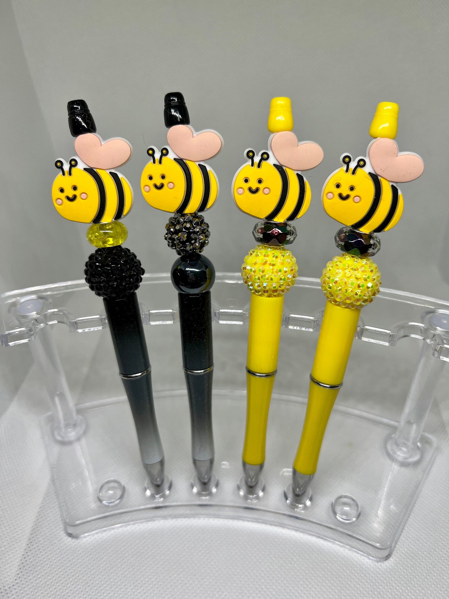 Bee Heart Yellow Black Beaded Pen, Fun Pens Acrylic Beads, Custom Pen, Retractable Ink Pen, Gifts