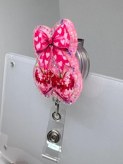 Badge Reel Bow - Disco Cherry Design Retractable ID Badge Holder Gift