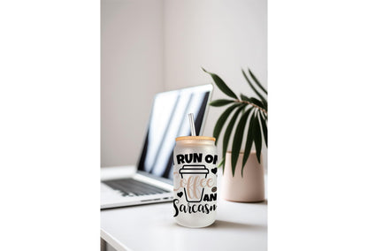 UVDTF Wrap Sarcastic Funny Saying 16oz Can Glass Mug Tumbler, Run on Coffee and Sarcasm Wrap, Ready to Apply, Permanent Waterproof Adhesive