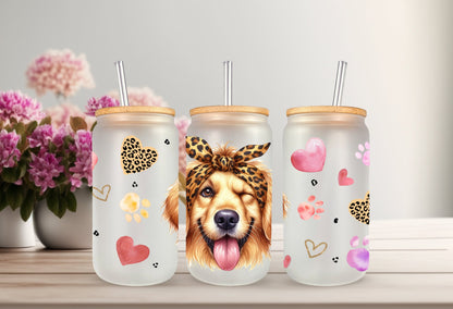 UVDTF Wrap Cute Golden Retriever Leopard Bandana for 16oz can glass Mug Tumbler, Ready to apply, Permanent Waterproof Adhesive, Double Sided option