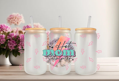 UVDTF Wrap Hot Mom Summer Lightning Bolt 16oz Can Glass Mug Tumbler, Ready to apply, Permanent Waterproof Adhesive