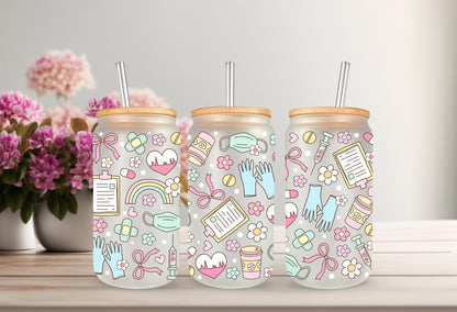 UVDTF Wrap Pastel Medical Bow 16oz Can Glass Mug Tumbler, Healthcare Wrap, Ready to Apply, Permanent Waterproof Adhesive
