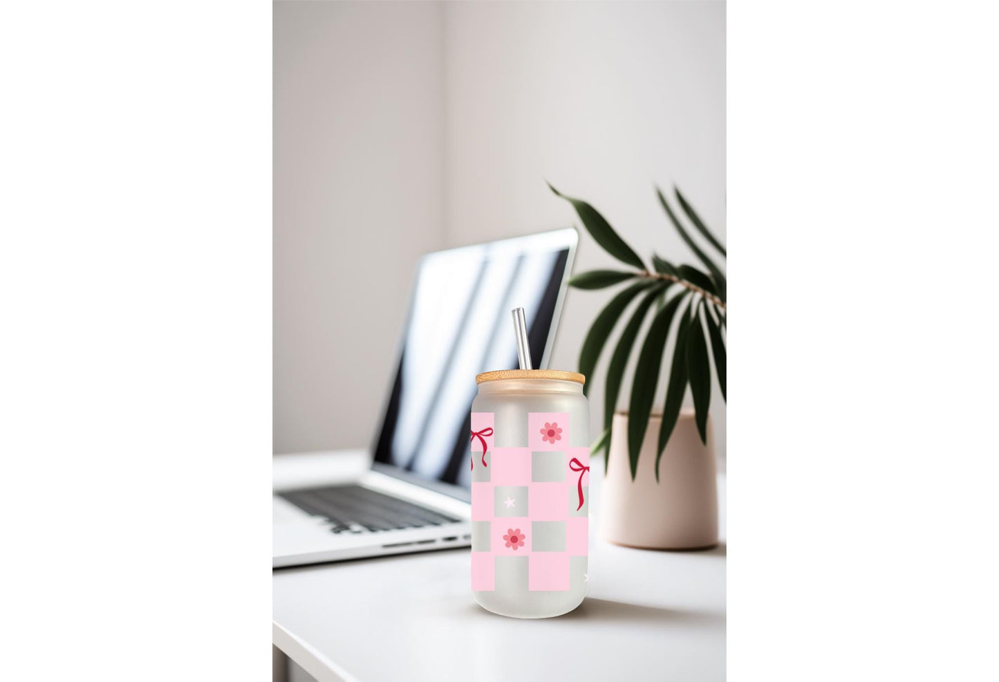 UVDTF Wrap Coquette Bows Checkered Light Pink 16oz Can Glass Wrap Mug Tumbler, Bow Wrap, Ready to Apply, Permanent Waterproof Adhesive