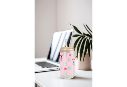 UVDTF Wrap Coquette Bows Checkered Light Pink 16oz Can Glass Wrap Mug Tumbler, Bow Wrap, Ready to Apply, Permanent Waterproof Adhesive