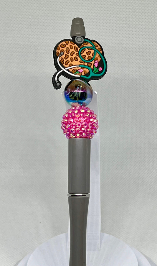Medical Heart Stethoscope Beaded Pen, Leopard Print, Sarcastic Pen, Fun Pens Acrylic Beads, Custom Pen, Retractable Ink Pen, Graduation