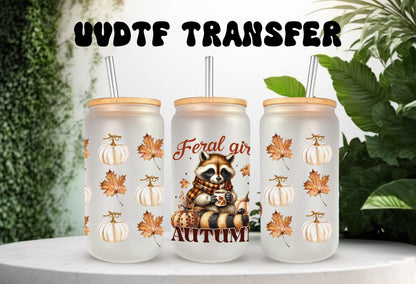 UVDTF Wrap Feral Girl Autumn Racoon Pumpkin for 16oz Can Glass Mug Tumbler, Ready to apply, Permanent Adhesive, Double Sided option