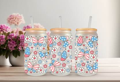 UVDTF Wrap Patriotic Butterfly 16oz Can Glass Mug Tumbler, Ready to apply, Permanent Waterproof Adhesive