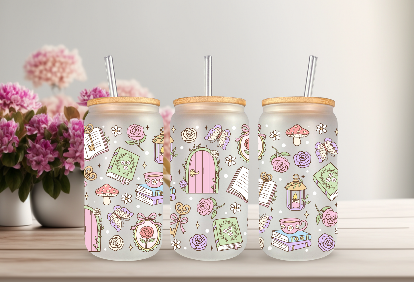 Mock-up of a Secret Garden Books UVDTF wrap for a 16oz can glass, featuring colorful book spines and pastel floral illustrations.