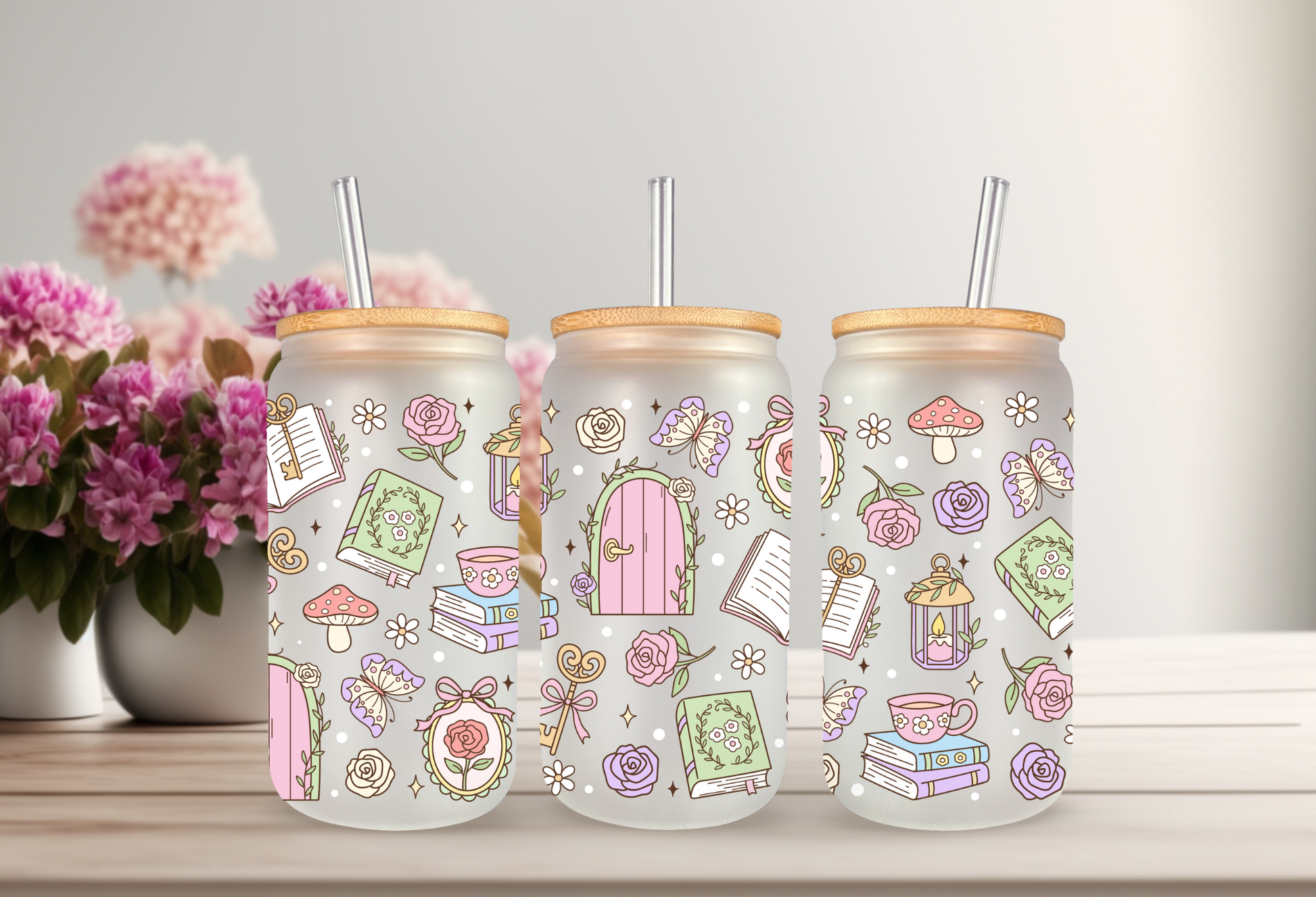 Mock-up of a Secret Garden Books UVDTF wrap for a 16oz can glass, featuring colorful book spines and pastel floral illustrations.