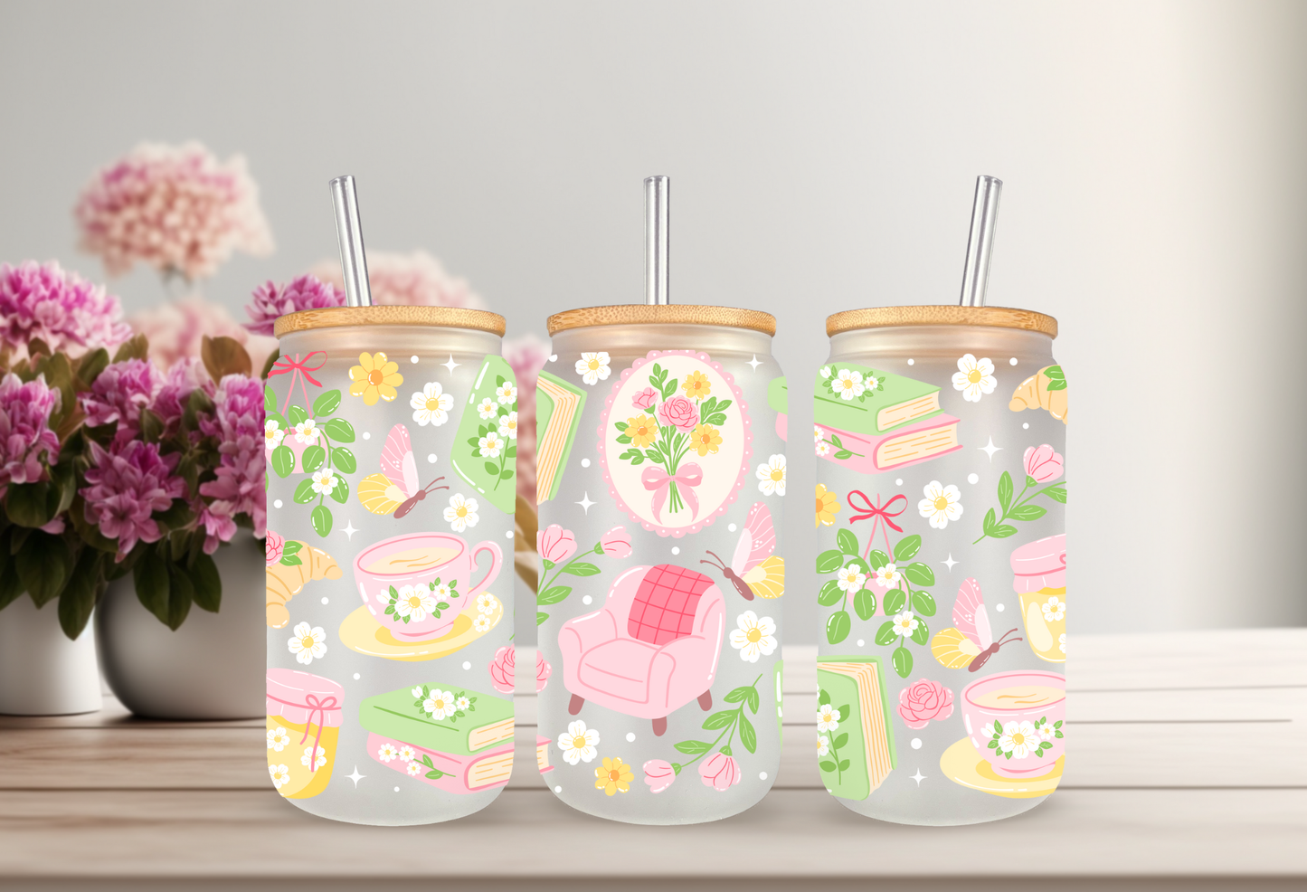 UV DTF wrap for 16oz glass can featuring floral book, peel-and-stick application.