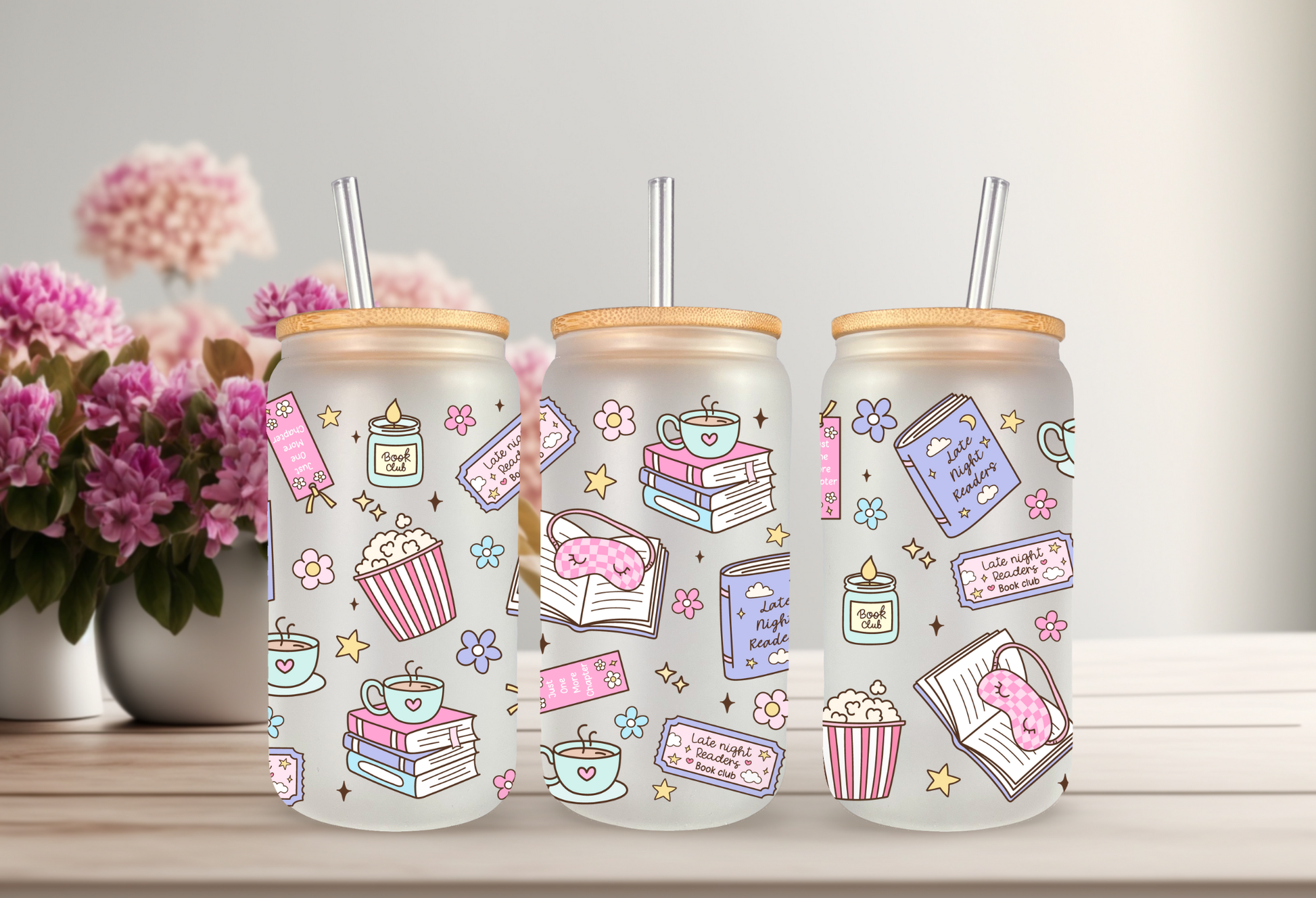 UVDTF wrap mock-up for 16oz Libbey can glass, featuring library-themed book and floral graphics for book lovers.