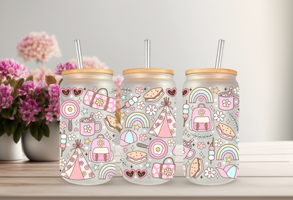 UVDTF Wrap Girly Camp 16oz Can Glass Mug Tumbler, Ready to apply, Camp Wrap, Permanent Waterproof Adhesive