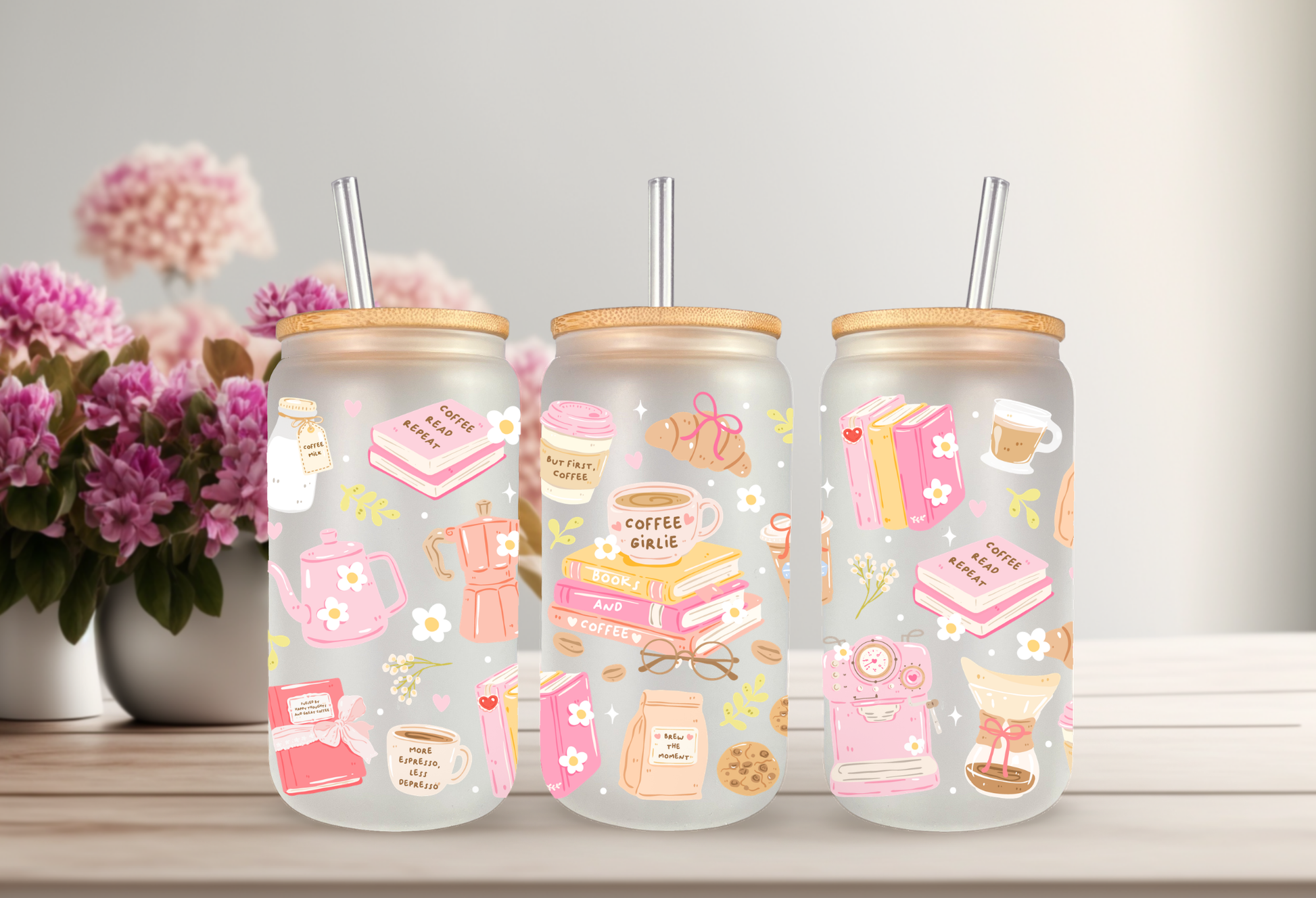Mockup of a 16oz can glass wrap featuring a pastel aesthetic design with book stacks, a pink retro espresso machine, and mugs reading Coffee Girlie.