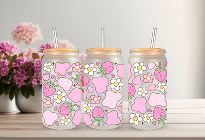 UVDTF Wrap Strawberry Cow Print Daisy 16oz Can Glass Mug Tumbler, Strawberry Wrap, Ready to apply, Permanent Waterproof Adhesive
