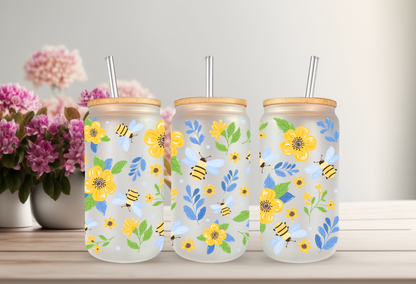 UVDTF Wrap Bees Flowers Floral Wrap for 16oz Can Glass Mug Tumbler, Ready to apply, Permanent Waterproof Adhesive