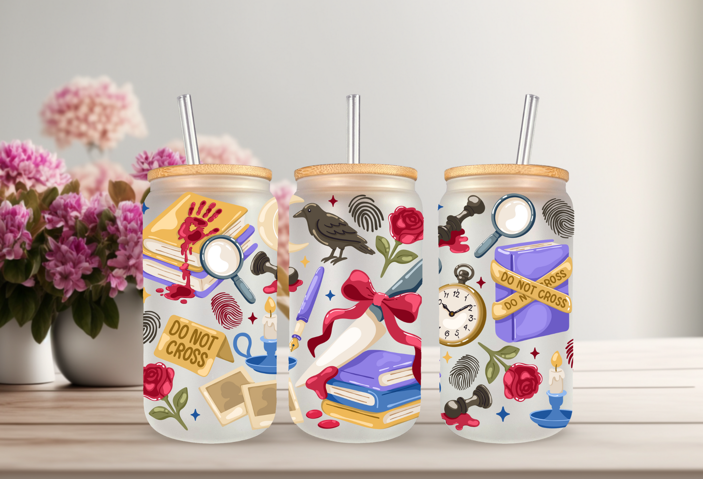 Mystery Crime Scene UVDTF Cup Wrap, 16oz Can Glass Blood Books, Raven, Dagger, Fingerprints
