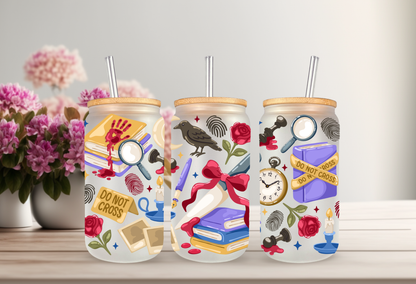 Mystery Crime Scene UVDTF Cup Wrap, 16oz Can Glass Blood Books, Raven, Dagger, Fingerprints