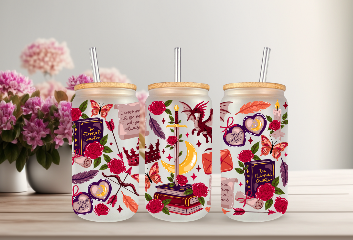 Romantic Fantasy UV DTF Cup Wrap, 16oz Can Glass & Tumbler Decal  Red Dragon, Roses, Books, Butterflies  Waterproof Permanent Sticker