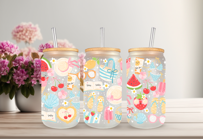 Mockup of a 16oz can glass wrap featuring retro summer elements including a Stay Salty motel key tag, sunglasses, smiling cherries, and flip flops on a clear background.