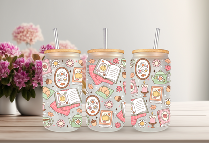 UVDTF Wrap Autumn Bookish 16oz Can Glass Mug Tumbler Wrap, Ready to apply, Permanent Waterproof Adhesive, Double sided option