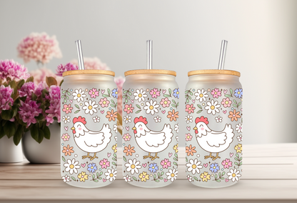 UVDTF Wrap Floral Chicken 16oz Can Glass Mug Tumbler Wrap, Ready to apply, Permanent Waterproof Adhesive, Double sided option