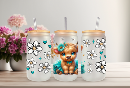 UVDTF Wrap Highland Cow Teal Tutu Daisy 16oz Can Glass Mug Tumbler Wrap, Ready to apply, Permanent Adhesive