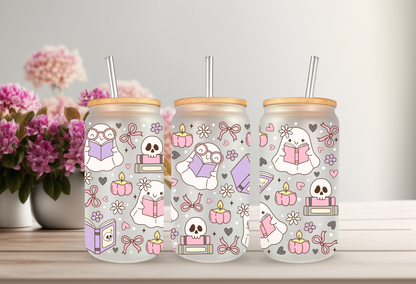UVDTF Wrap floral Ghost Books 16oz Can Glass Mug Tumbler Wrap, Ready to apply, Permanent Waterproof Adhesive, Double sided option (Copy)