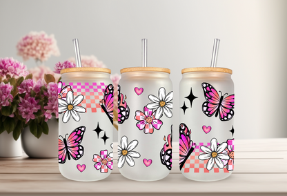 UVDTF Wrap Butterfly Daisy Checker for 16oz Can Glass Mug Tumbler, Butterfly Wrap, Ready to apply, Permanent Waterproof Adhesive