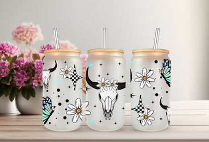 UVDTF Wrap Daisy Butterfly Cow Skull for 16oz Can Glass Mug Tumbler, Ready to apply, Permanent Waterproof Adhesive, Double Sided Option