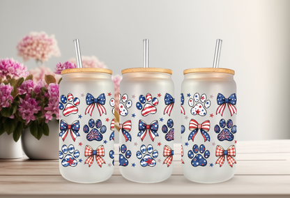 Patriotic Paw Print Coquette Bow UVDTF Wrap - 16oz Can Glass Summer Decal