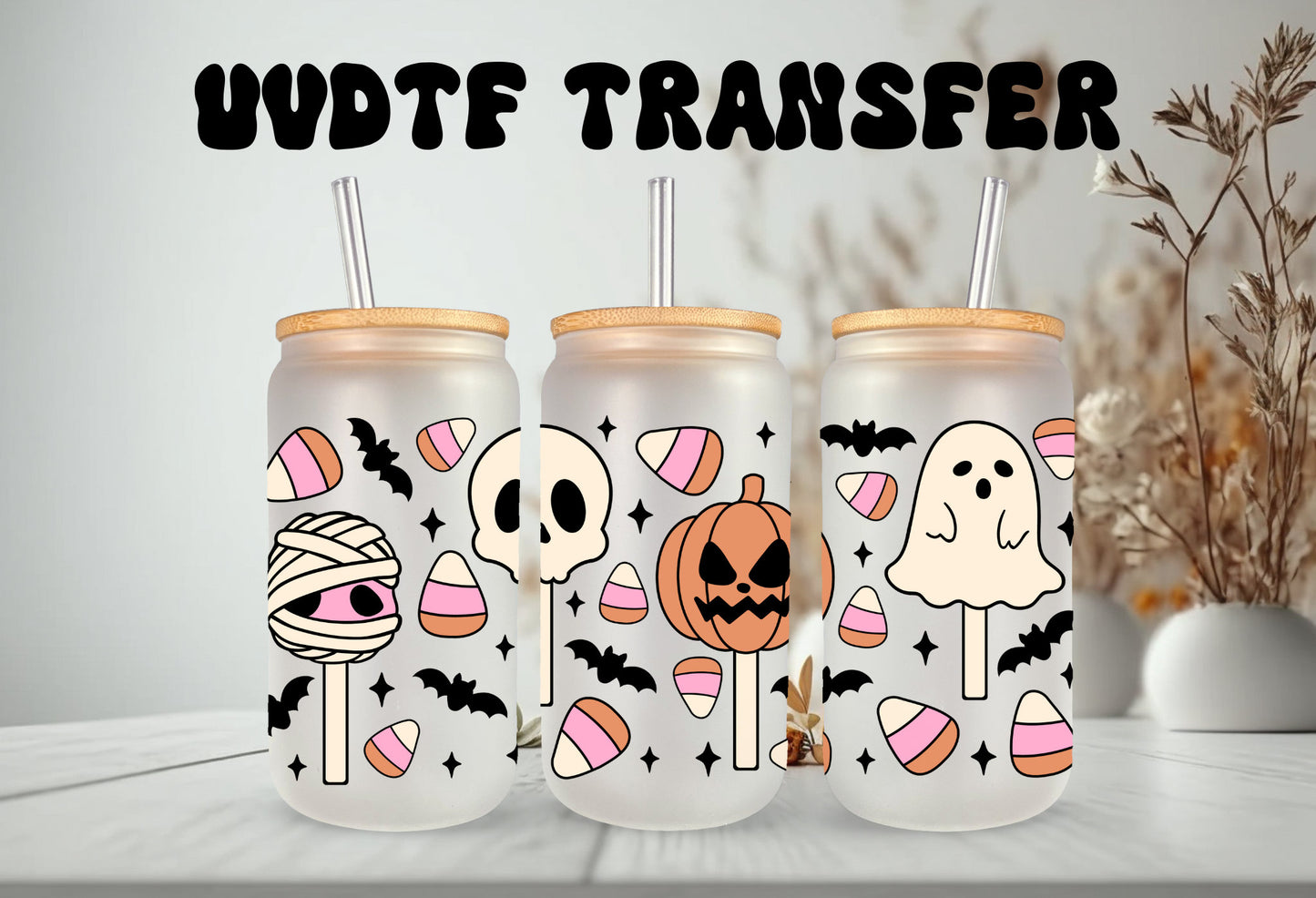 UVDTF Wrap Halloween Sweet Candy 16 oz Can Glass, Mug, Tumbler,Ready to Apply, Permanent Adhesive, Double Sided Print