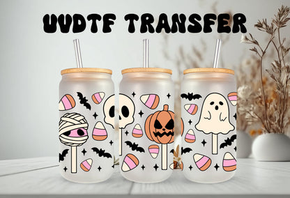 UVDTF Wrap Halloween Sweet Candy 16 oz Can Glass, Mug, Tumbler,Ready to Apply, Permanent Adhesive, Double Sided Print