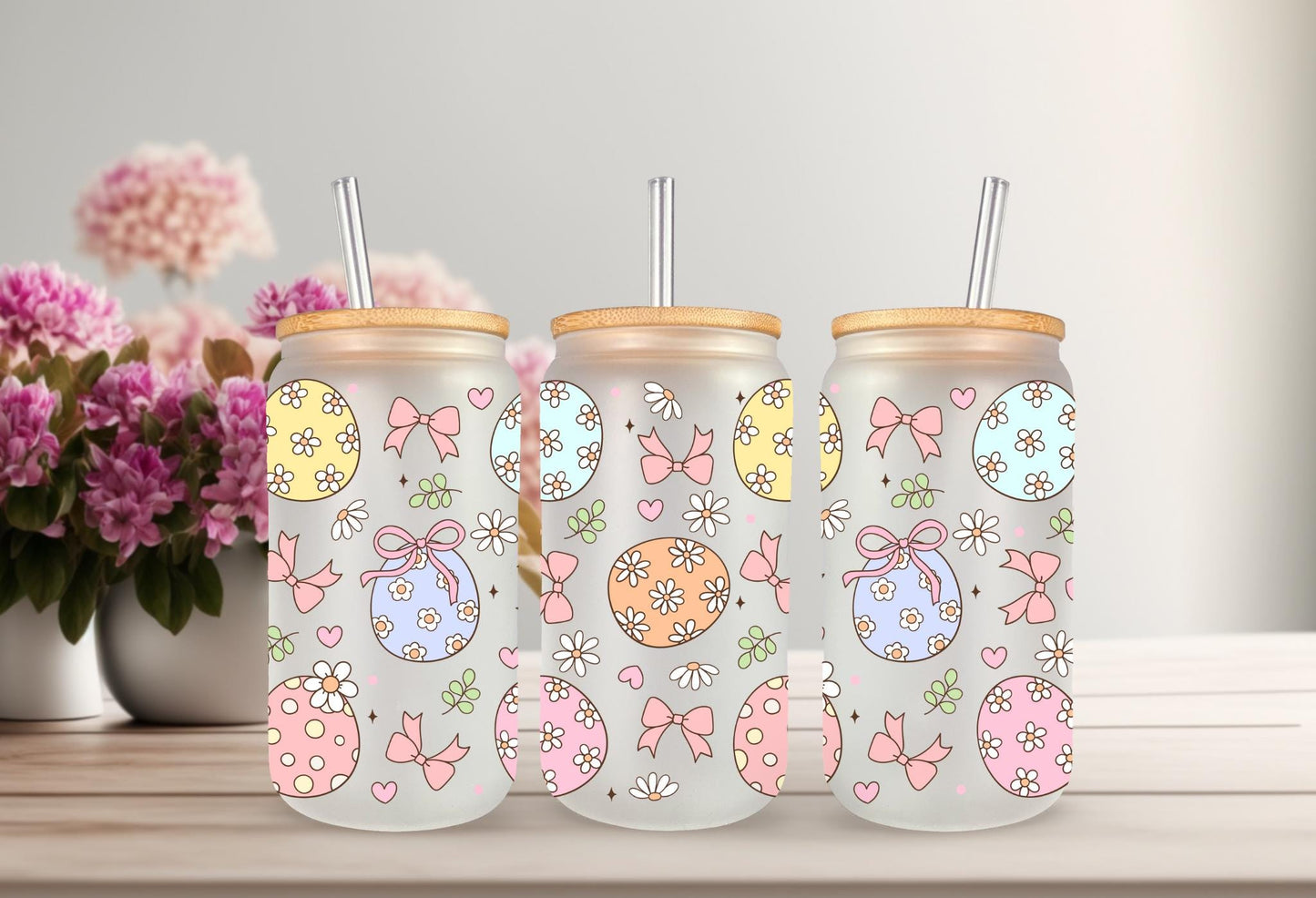 UVDTF Wrap Easter Egg Coquette Bow 16oz Can Glass Mug Tumbler, Ready to apply, Permanent Waterproof  Adhesive