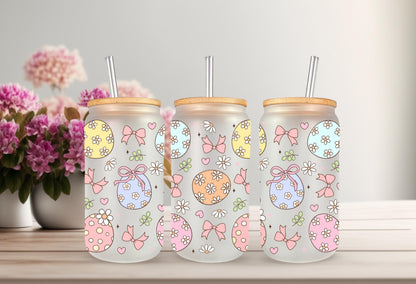 UVDTF Wrap Easter Egg Coquette Bow 16oz Can Glass Mug Tumbler, Ready to apply, Permanent Waterproof  Adhesive