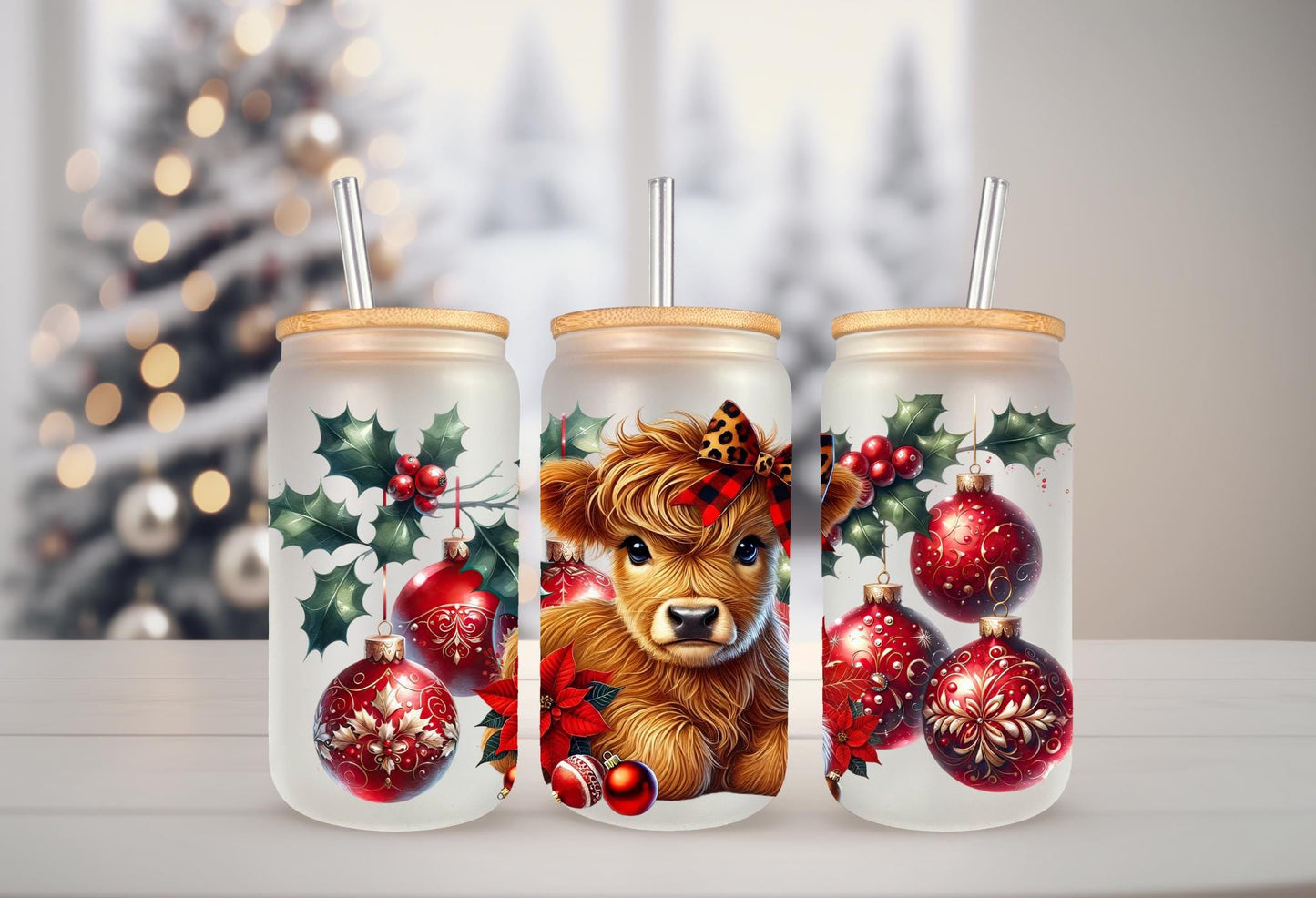 UVDTF Wrap Highland Cow Ornaments Poinsettia 16oz Can Glass Mug Tumbler, Ready to Apply, Permanent Waterproof Adhesive