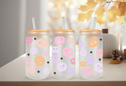 UVDTF Wrap Colorful Skull  for 16oz Can Glass, Mug, or Tumbler, Halloween Candy, Ready to apply, Permanent Adhesive Waterproof