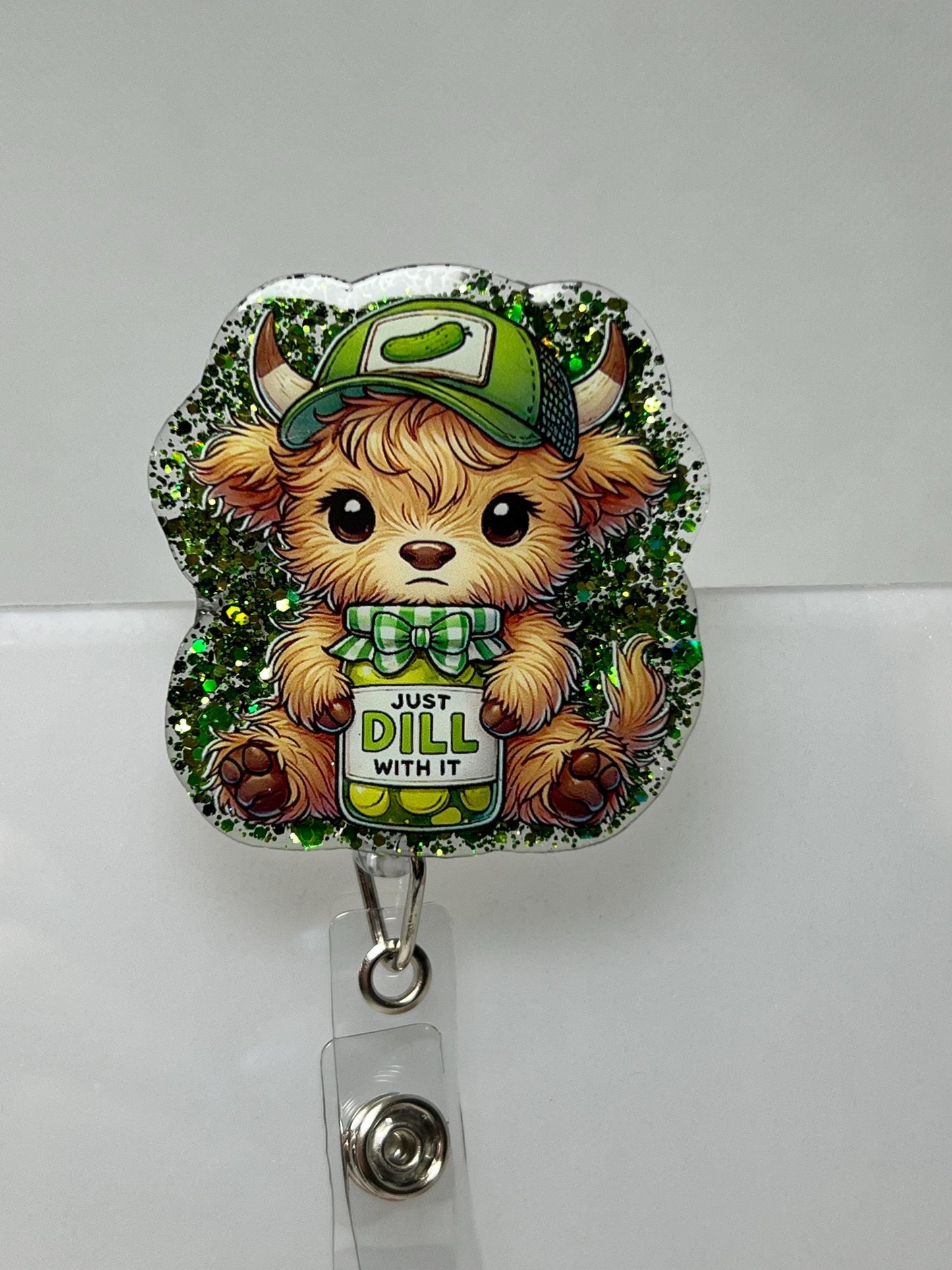 Funny Highland Cow Badge Reel – ' Green Glitter Design with Cartoon Animal for ID Holders