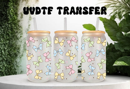 UVDTF Wrap Pastel Coquette Bow 16oz Can Glass Mug Tumbler, Ready to apply, Permanent Waterproof Adhesive
