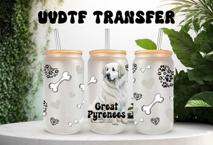 UVDTF Wrap Great Pyrenees 16oz Can Glass Mug Tumbler, Dog Wrap, Ready to apply, Permanent Waterproof Adhesive, Bundle Save Option
