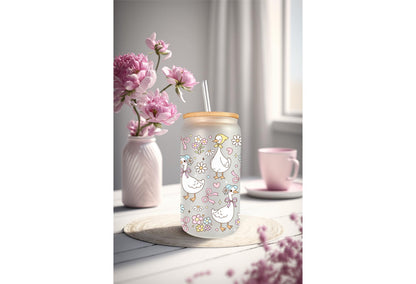 UVDTF Wrap Floral Mama Goose 16oz Can Glass Mug Tumbler Wrap, White Goose, Ready to apply, Permanent Waterproof Adhesive