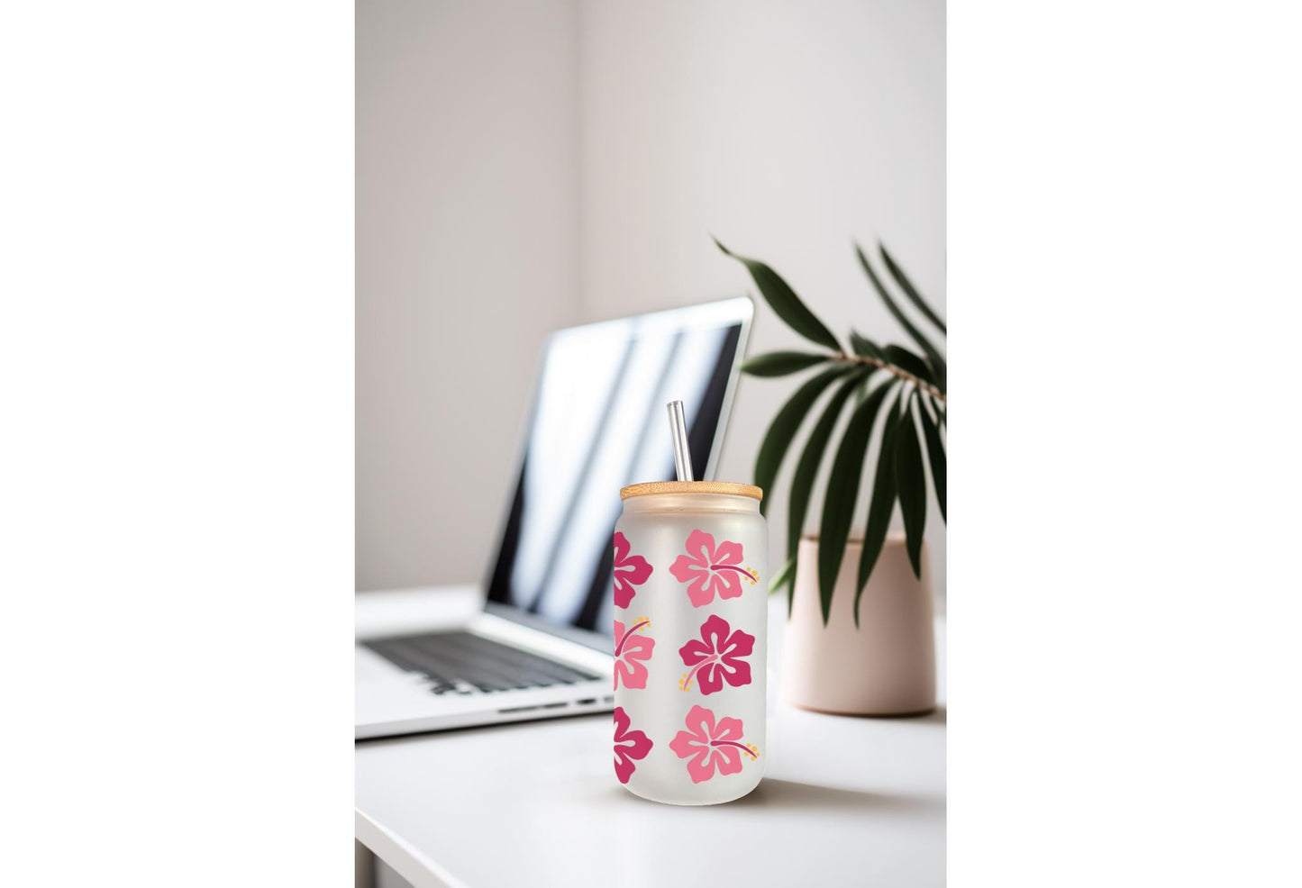 UVDTF Wrap Hibiscus Tropical Flower 16oz Can Glass Mug Tumbler, Tropical wrap, Ready to apply, Permanent Adhesive Waterproof
