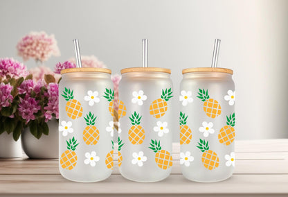UV DTF Wrap Transfer for 16 oz Can Glass - pineapple & Daisy Design Perfect for Crafting, Custom Drinkware, Tumblers, and Gifts