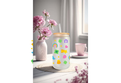 UVDTF Wrap Lucky St. Patrick  Charms 16oz Can Glass Mug Tumbler, Ready to apply. Permanent Waterproof Adhesive