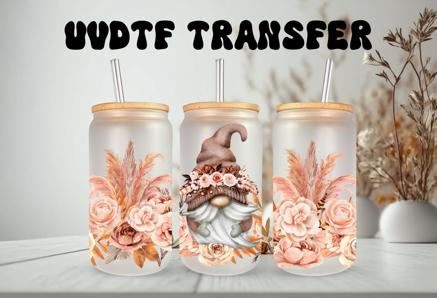 UVDTF Wrap Gnome Floral 16oz Can Glass Wrap  Mug Tumbler, Mom Gift, Ready to apply, Permanent Adhesive Waterproof, Add on a Cup