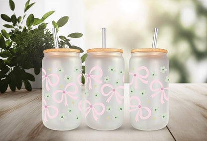 UVDTF Wrap Floral Bows Coquette 16oz Can Glass Mug Tumbler, Ready to Apply, Permanent Waterproof Adhesive, Double Sided Option