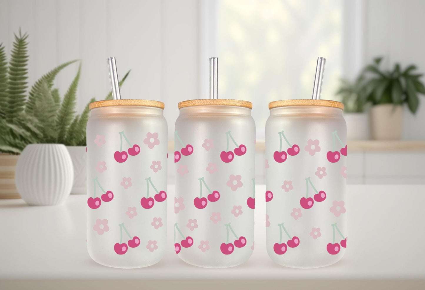 Floral Cherry Wrap - 16oz Can Glass Mug Wrap With Waterproof Permanent Adhesive