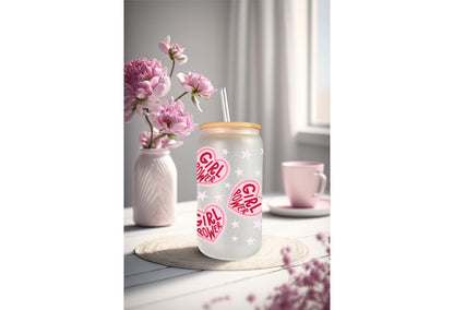 UVDTF Wrap Hearts Girl Power 16oz Can Glass Wrap Mug Tumbler, Ready to Apply, Permanent Waterproof Adhesive