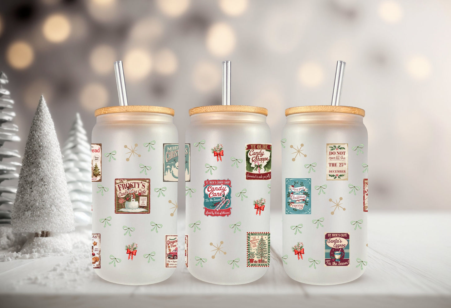 UVDTF Wrap Vintage Christmas Label Candy Canes Coquettes Bows 16oz Can Glass, Mug, Tumbler, Ready to apply, Christmas Wrap
