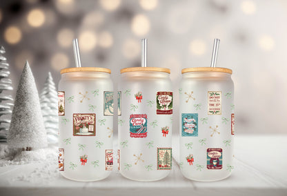UVDTF Wrap Vintage Christmas Label Candy Canes Coquettes Bows 16oz Can Glass, Mug, Tumbler, Ready to apply, Christmas Wrap
